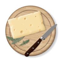 A piece of swiss cheese with knife on a wooden cutting board top view isolated on white background graphic illustration. vector