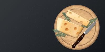 Swiss cheese, rosemary and knife on a wooden cutting board placed on cement texture background top view graphic illustration have blank space. vector