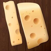 Swiss cheese and slices on wooden plate square background graphic illustration. vector