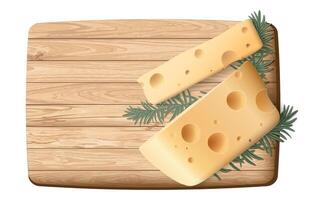 Swiss cheese and slices with rosemary decorated on a wooden cutting board top view on white background graphic illustration have blank space. vector