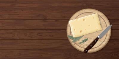 A piece of swiss cheese with knife on a cutting board placed on the wooden table top view graphic illustration have blank space. vector