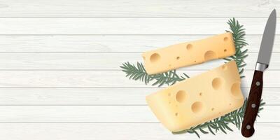Swiss cheese with slices, rosemary and knife on a wooden background top view graphic illustration have blank space. vector