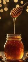Delicious honey dripping from wooden dipper into glass jar, creating warm and inviting atmosphere photo
