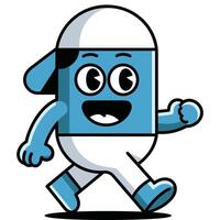 A cartoon blue pill running with a cap on. vector