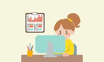 Girl working at computer cartoon style vector