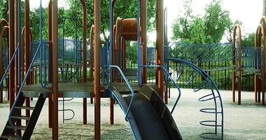 Playground with climbing structures and slides in a sunny park setting video