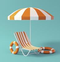 vibrant beach scene featuring striped sun umbrella, lounge chair, and life rings, perfect for summer relaxation photo
