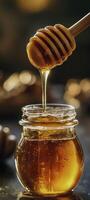 close up of honey dripping from wooden dipper into glass jar, showcasing its rich texture and golden color photo