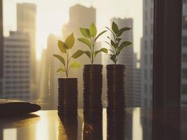 Growing plants on stacked coins symbolize financial growth and prosperity photo