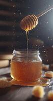 Realistic photo of honey dripping from jar with wooden dipper, creating warm and inviting atmosphere
