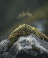 tiny tree growing on moss covered rock, showcasing resilience and beauty in nature photo