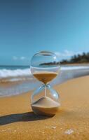 Hourglass on beach, symbolizing time and tranquility by ocean photo