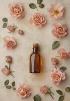 bottle of brown rose oil surrounded by pink roses on beige background, creating serene and elegant atmosphere photo