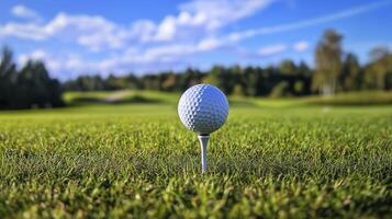 golf ball on tee in grassy field, surrounded by trees and blue sky, evokes sense of calm and focus photo