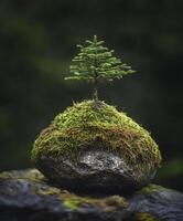 tree growing on moss covered round rock, showcasing nature resilience and beauty photo