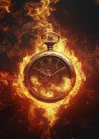 vintage pocket watch surrounded by flames, symbolizing time and passion photo
