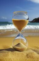 beautiful hourglass on beach, symbolizing passage of time with golden sand flowing. serene ocean waves create calming backdrop photo