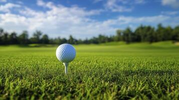 golf ball on tee in grassy field, surrounded by trees and blue sky, evokes sense of tranquility and focus photo