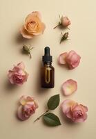 a Cinematic photograph of amber dropper bottle surrounded by pink roses, creating serene and elegant atmosphere photo