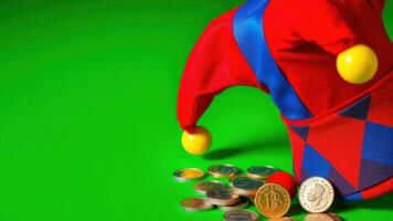 Festive Jester Hat and Coins on Green Background photo