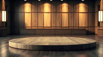 Photorealistic Detail of Wooden Product Display Stage photo