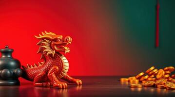 Lucky dragon statue and golden coins for Lunar New Year theme photo