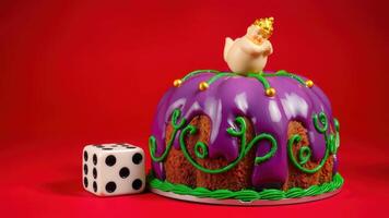 Traditional King Cake with Mardi Gras Beads and Dice photo