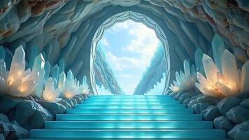 Dreamlike Blue Steps Entering a Glowing Quartz Formation World photo