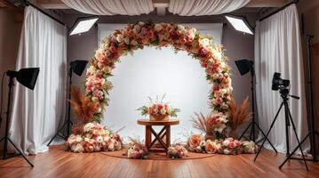 High End Portrait Session with Softbox Lighting and Floral Decor photo