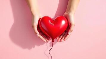 Two hands holding a red heart balloon on pink background photo