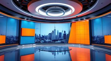 Contemporary TV studio with curved architecture and illuminated panels photo