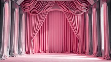 Elegant Pink Stage with Luxurious Draped Curtains and Arched Window photo