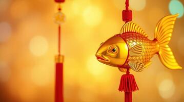 Golden koi fish ornaments with detailed red shimmering scales photo
