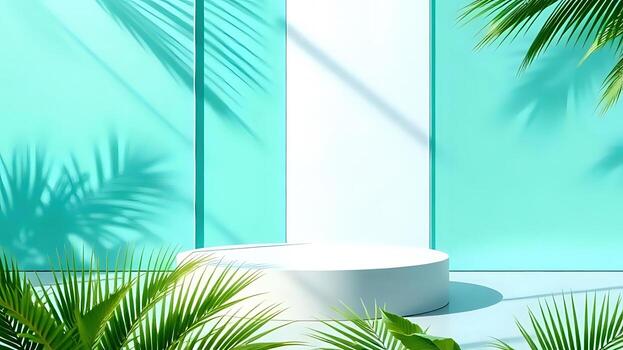 Minimalist round platform with tropical palm leaves background photo