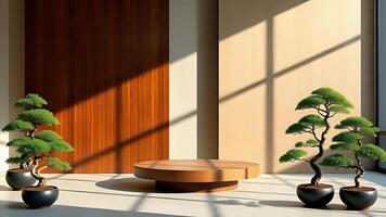 Minimalist wooden backdrop with round platform and green plants photo