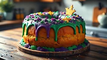 Mardi Gras King Cake with Festive Baking Decorations photo