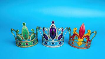 Three Mardi Gras Crowns with Ornate Designs and Sparkling Gems photo