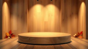 Wooden Circular Platform with Blurred Wood Panel Background photo