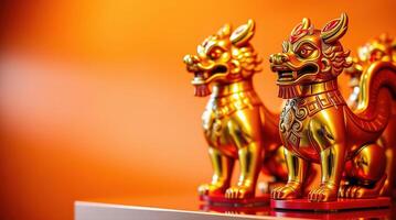 Lucky golden zodiac animals arranged on a shelf for decor photo