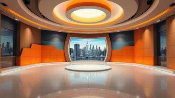 Modern television studio with curved walls and cityscape backdrop photo