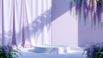 Minimalist round platform with soft lavender and lilac backdrop photo