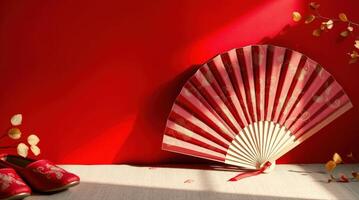 Chinese New Year setting with embroidered shoes and fan photo