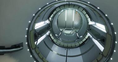 Interior view of a space module highlighting advanced technology and design video