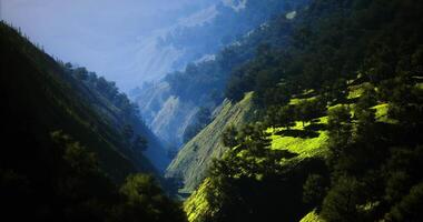 Lush green valleys under bright sunlight in mountainous terrain video