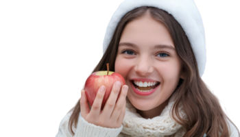 A cozy winter scene featuring a child holding a shiny red apple, evoking feelings of warmth and healthy choices during the colder months. Transparent background png
