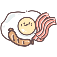 Breakfast Set fried egg, Bacon, sausage doodle cartoon hand drawing png