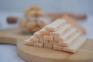 Stack of Crispy Wafer Biscuits with Creamy Filling photo