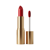 A studio shot of a red lipstick and a matching lip gloss with a white applicator, both housed in elegant gold-toned containers. png