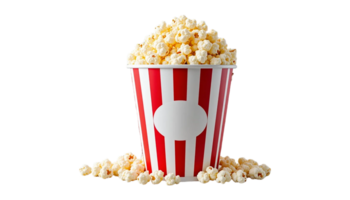 A close-up of a red and white striped popcorn bucket overflowing png