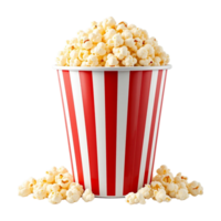 A close-up of a red and white striped popcorn bucket overflowing with fluffy png